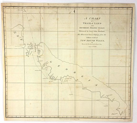 SHORTLAND, T., A chart of the Track of the Alexander on Her Homeward Passage from Port Jackson on the Eastn. Coast of New South Wales to Batavia; Performed in the Year 1788 under the Direction of Lieut. John Shortland by Thomas George Shortland, antique map, old maps