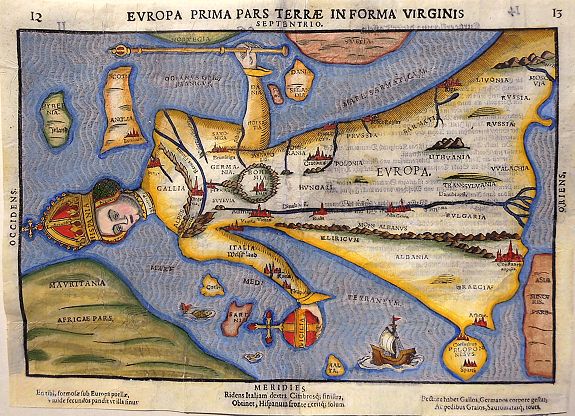 BÜNTING, H., Europa Prima Pars Terrae in Forma Virginis., antique map, old maps