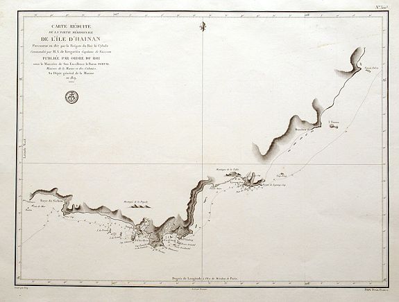 DÉPOT GÉNÉRAL DE LA MARINE., Carte réduite de la partie méridionale de l'Île d'Hainan parcourue en 1817..., antique map, old maps