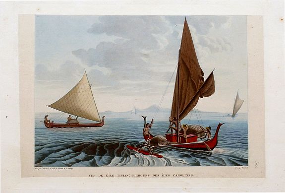 TAUNAY, A., Vue De L'Île Tinian: Pirogues des ÎLes Carolines., antique map, old maps