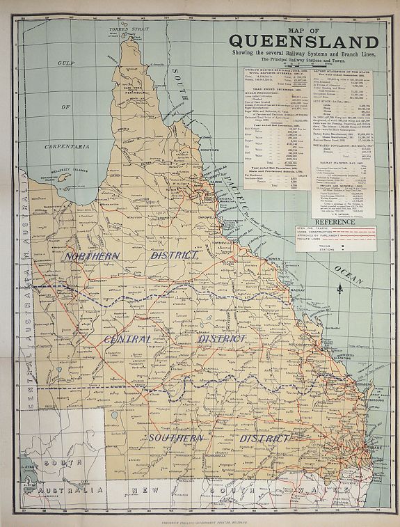Frederick Phillips. , Map of Queensland Showing the several Railway Systems and Branch Lines, The Principal Railway Stations and Towns , antique map, old maps