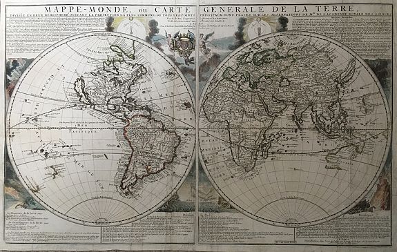 DEFER, Nicoles. , Mappe-Monde, ou Carte Generale de la Terre, Divisee en Deux Hemispheres Suivant la Projection la Plus Commune ou Tous les Points Principaux sont Placez sur les Observations de Mrs. de l'Academie Royale des Siences, antique map, old maps