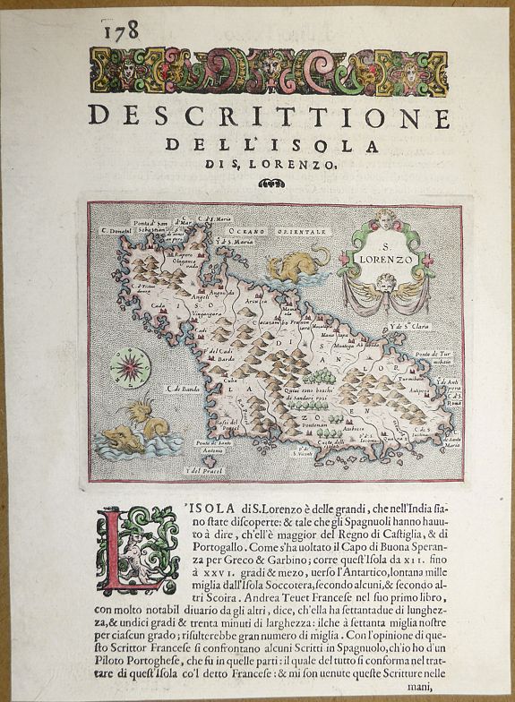Thomas Porcacchi ., Dell ‘Isola Di San Lorenzo, Madagascar. , antique map, old maps