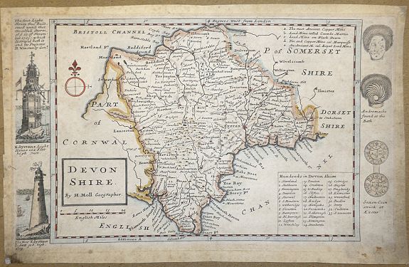 Herman Moll., Devon Shire by Herman Moll , antique map, old maps
