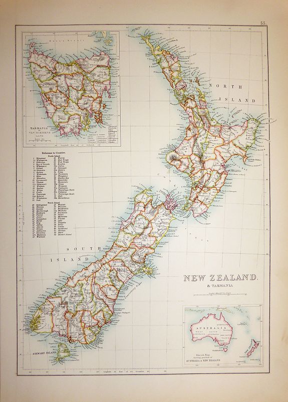Adam & Charles Black. , New Zealand & Tasmania , antique map, old maps