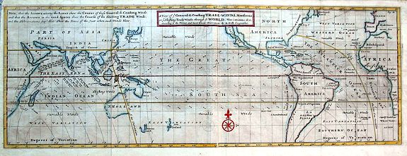 MOLL, H., A View of ye General & Coasting Trade-Winds, Monsoons or ye Shifting Trade Winds through ye World, Variations &c., antique map, old maps