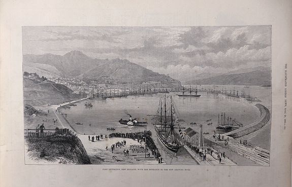 The Illustrated London News, Port Lyttelton, New Zealand, With The Entrance To The New Graving Dock., antique map, old maps