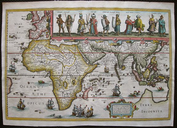 HONDIUS, J., Tabula geograph in qua Europaeae, Africaeae, Asiae aeq et circujacentium insularum oraeae maritimaeae accurate describuntur et ad jntelligentia navigationum Indicaru accommodantur, antique map, old maps