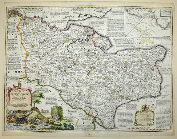 BOWEN, Emanuel, AN ACCURATE MAP OF THE COUNTY OF KENT DIVIDED INTO ITS LATHES, and Subdivided into Hundreds. Drawn from Surveys, and most approved modern Maps, with various additional Improvements: Illustrated with Historical Extracts relative to the Air, Soil, Natural P, antique map, old maps