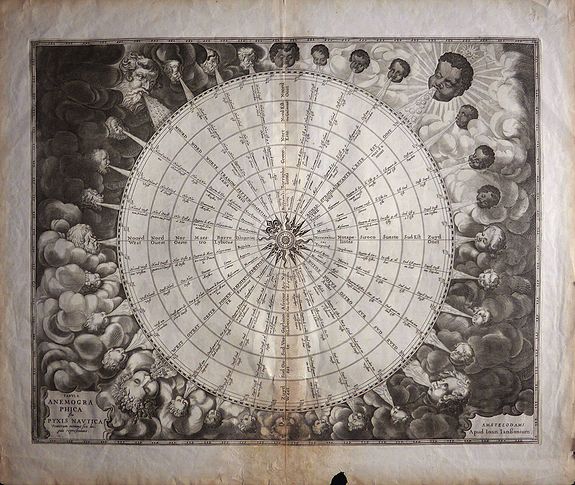 JANSSON, Jan., Tabula Anemogra Phica seu Pyxis Nautica Ventorum Nomina Sex Linguis Repraesentans , antique map, old maps