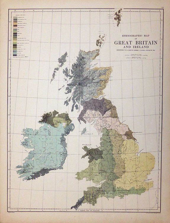 W & A K Johnston., The Ethnographic Map of Great Britain and Ireland According to Dr Gustaf Kombst , antique map, old maps