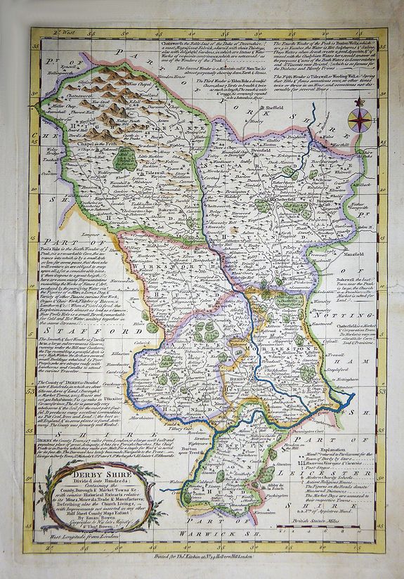 Bowen, Emanuel, Derbyshire Divided into Hundreds , antique map, old maps