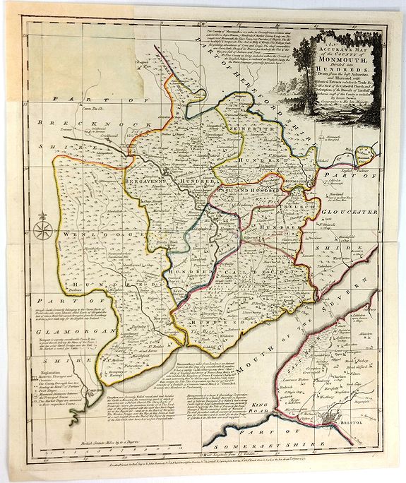 BOWEN, E., An Accurate Map of the County of Monmouth, Divided Into Hundreds, antique map, old maps