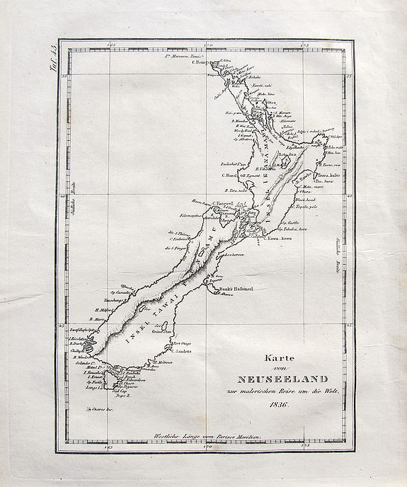 DUMONT-D'URVILLE, J. S. C., Karte von Neuseeland zur malerischen Reise um die Welt, 1836., antique map, old maps