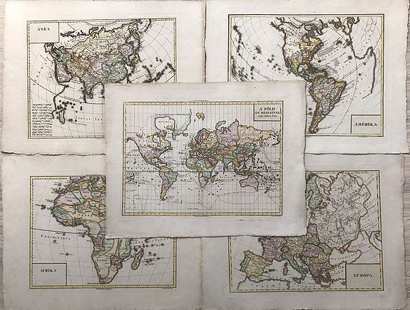 G. Eros / J. Pap & D. Pethes / E. Dubai, (World Map plus Continents) WORLDMAP - A' FOLD OT RESZEINEK LERAJZOLASA. + AMERIKA. - AFRIKA. - ASIA. - EUROPA., antique map, old maps