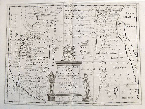 WELLS, E., A new map of the north part of Ancient Africa, shewing the chiefe people, cities, towns, rivers, and mountains in Mauritania, Numidia, Africa Propria, Libya Propria, and Egypt..., antique map, old maps