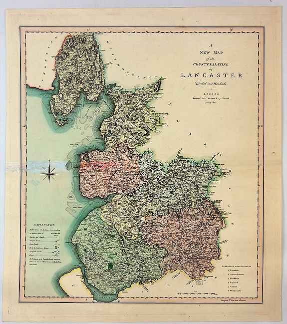 SMITH, Charles., A New Map of the County Palatine of Lancaster Divided into Hundreds., antique map, old maps