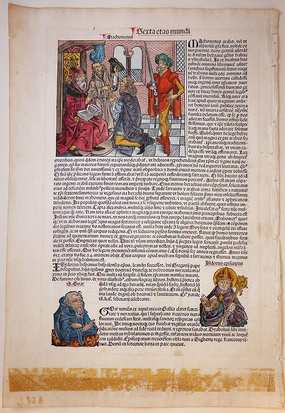 SCHEDEL, H., Berta etas mudi Folium CLI. The patriarch of Constantinople Eraclius. Ill-trained children. Natural and Meteorological Phenomena.The Prophet Mahommet. The bishop saint Isidore of Seville, saint Jouarre., antique map, old maps