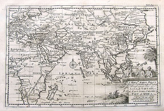BOWEN, E., A Map of Marco Polo's Voyages & Travels in the 13th Century through a great part of Asia, all Tartary, the East India Islands & Part of Africa., antique map, old maps