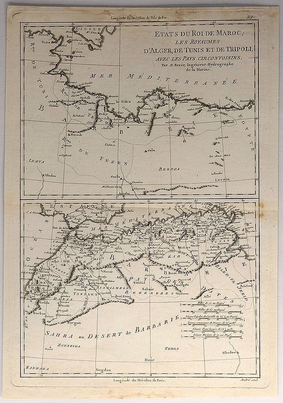 BONNE, R., Etats du Roi de Maroc. Les Royaumes D’Algier, de Tunis et de Tripoli, avec les Pays Circonvoisins., antique map, old maps