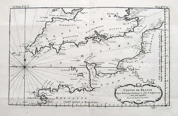 BELLIN, N., Costes de France depuis Brest jusqu'a Dunkerque..., antique map, old maps