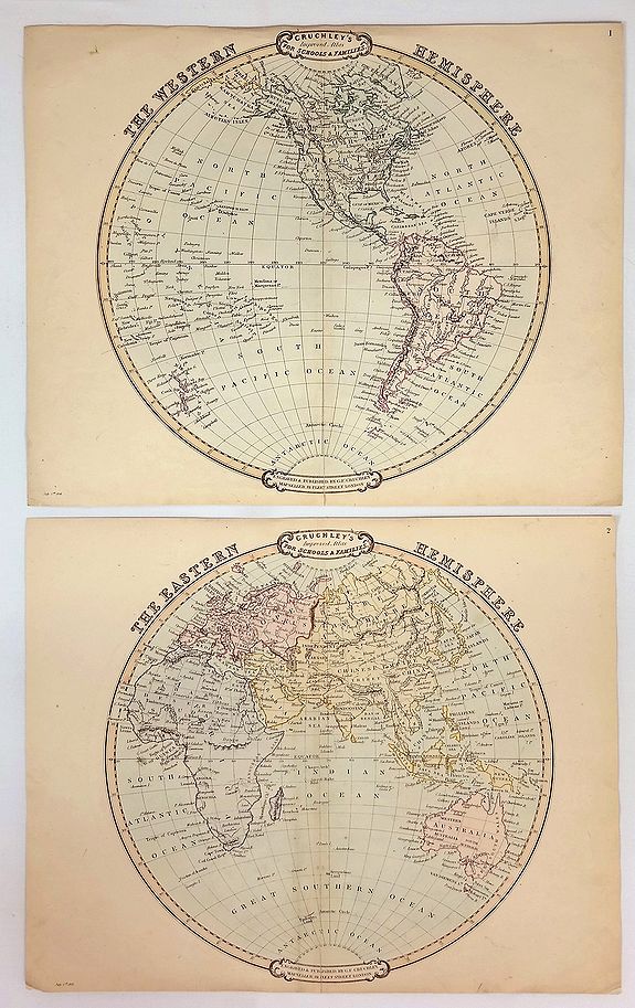 CRUCHLEY, George., The Western & Eastern Hemispheres (Two Circular Maps)., antique map, old maps