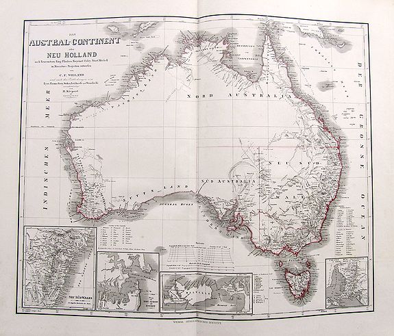 KIEPERT, H., Das Austral-Continent oder Neu Holland nach Krusenstern, King, Flinders, Freycinet, Oxey, Sturt, Mitchell in Mercator's Projection entworfen von C.F. Weiland..., antique map, old maps