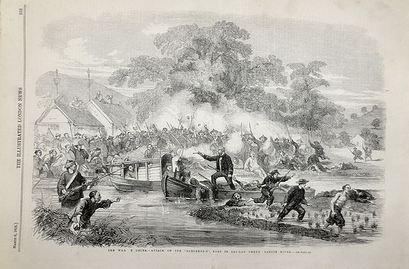 The Illustrated London News., The War in China – attack on the “Banterer's” Boat in Sai-Lau Creek Canton River. , antique map, old maps