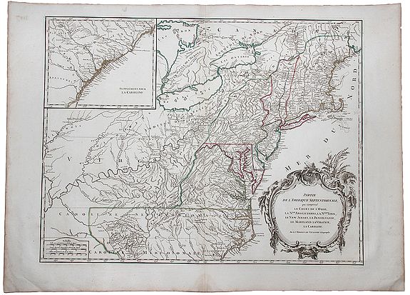 de VAUGONDY, Robert., Partie de l'Amerique Septentrionale qui comprend Le Cours de l'Ohio, La Nlle Angleterre, la Nlle York, le New Jersey, La Pensylvanie, le Maryland La Virginie, La Caroline, antique map, old maps