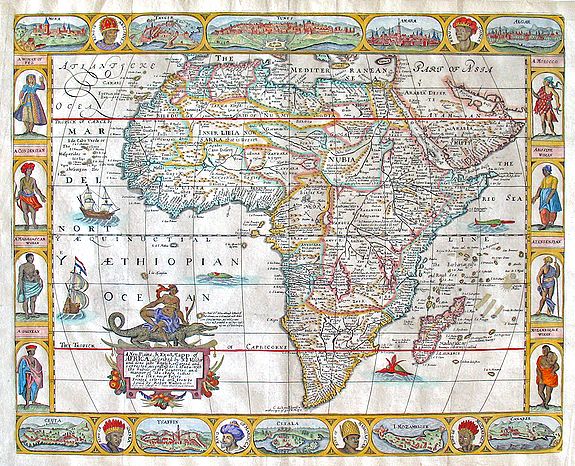 WALTON, Robert, New, Plaine, & Exact Mapp of | AFRICA, described by: N:I: Vischer | and done into English, enlarged and | corrected, according to: I:Blaeu: with | the habits of the countries and | manner of the cheife Citties; | the like never before. | Printed, colered , antique map, old maps