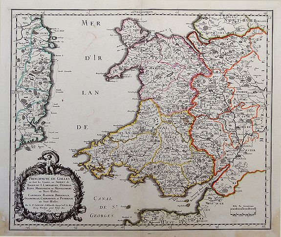 SANSON, N., Principauté de Galles ou sont les Comtés, ou Shiries de Anglesey, I. Carnarvan, Denbigh, Flint, Merioneth, et Montgomery en Nort-Walles, Cardigan, Radnor, Breknock, Glamorgan, Carmarden, et Penbrock en Sout-Walles, antique map, old maps