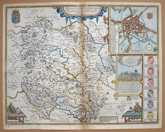 SPEED, John., Herefordshire described With the true plot of the Citie Hereford, as alsoe the Armes of thos Nobles that have bene intituled with that Dignitye , antique map, old maps