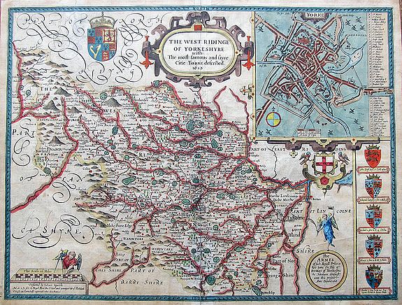SPEED, John., The West Ridinge of Yorkeshyre with The most famous and fayre Citie Yorke described 1610., antique map, old maps