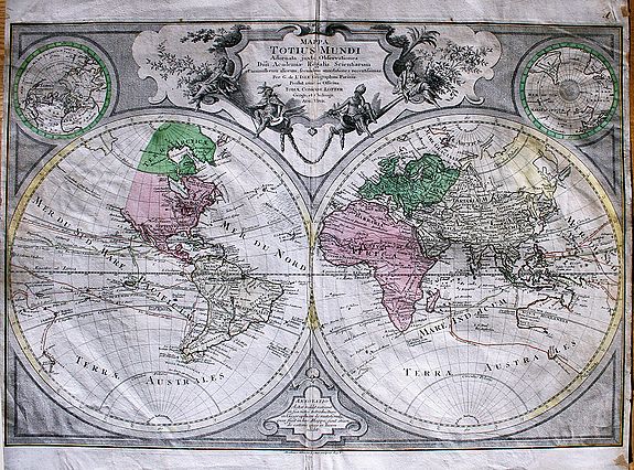 LOTTER, T.C., Mappa Totius Mundi Adornata juxta Observationes Dnn Academiae Regalis Scientarum. . ., antique map, old maps