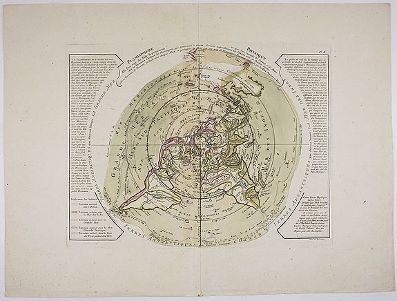 DEZAUCHE, J. A., Planisphere Physique ou l'on voit du Pole Septentrional ce que l'on connoit de Terres et de Mers Avec les Grandges Chaines de Montagnes …, antique map, old maps