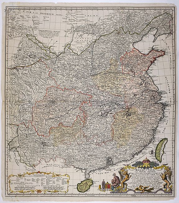 Johann Matthaus Haas, Regni Sinae vel Sinae Propriae Mappa et Descriptio Gegraphica ex mappis particularibus quas Sinarum Rex Kanghi opera patrum Missionarium . . . R.P. du Halde, antique map, old maps