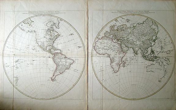 ANVILLE, Jean Baptiste Bourguignon d\', [2 maps] H�misph�re Occidental ou du Nouveau Monde?/ H�misph�re Oriental ou de l'Ancien Monde?, antique map, old maps