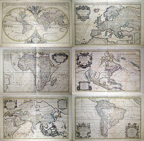 JAILLOT, A.H./SANSON, N. / MORTIER, P., [6 maps] Mappe-Monde G�o-Hydrographique? / L'Afrique? /Am�rique M�ridionale? / Am�rique Septentrionale? / L'Asie? / L'Europe?, antique map, old maps