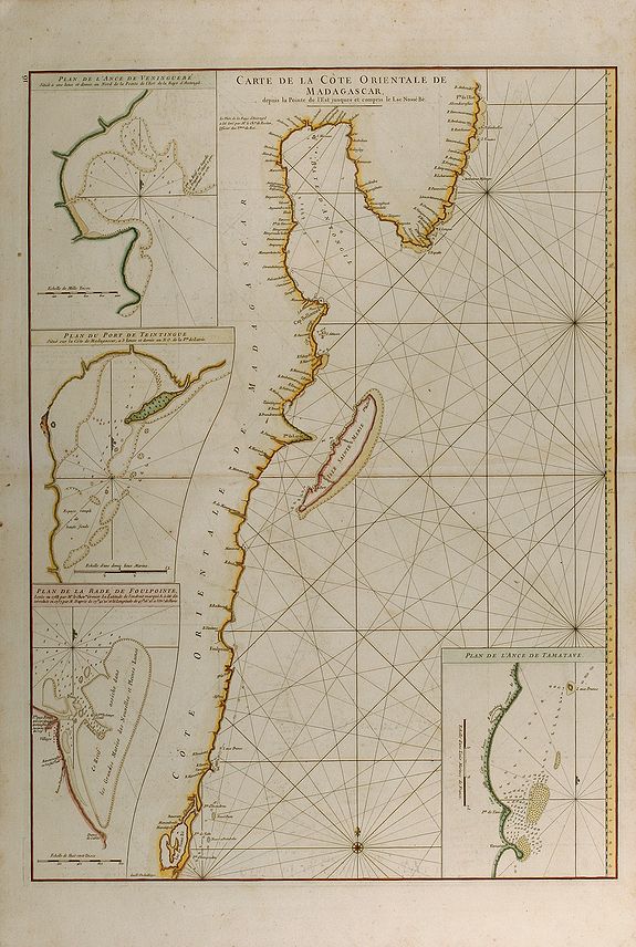 Mannevillette, J.B., Carte de la Cote orientale de Madagascar, depuis la Pointe de l'Est jusques et compris le Lac Nossé Bé., antique map, old maps