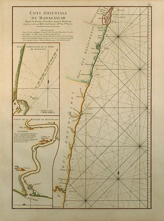 Mannevillette, J.B., Cote Orientale de Madagascar Depuis la Riviere d'Ivondrou jusque Mananzari., antique map, old maps