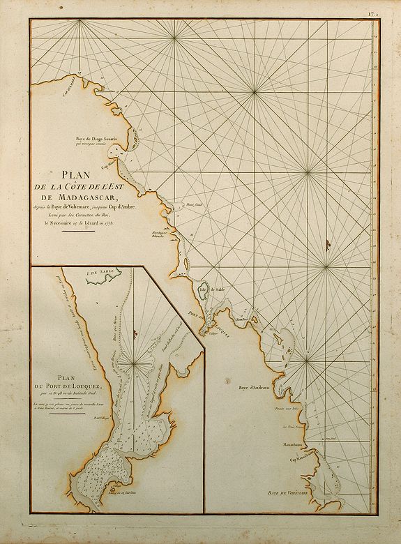 Mannevillette, J.B., Plan de la Cote de L'Est de Madagascar, depuis la Baye de Vohemare jusqu'au Cap d'Ambre, antique map, old maps