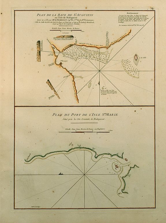 Mannevillette, J.B., Plan de la Baye de St. Augustin en l'Isle de Madagascar / Plan du Port de l'Isle Ste. Marie., antique map, old maps