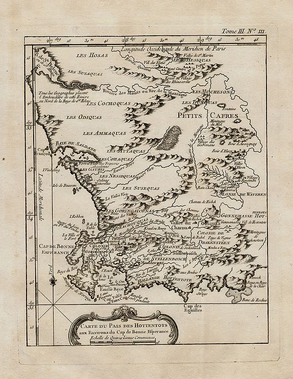 BELLIN, N., Carte du pais des Hottentots aux environs du Cap de Bonne Esperance., antique map, old maps
