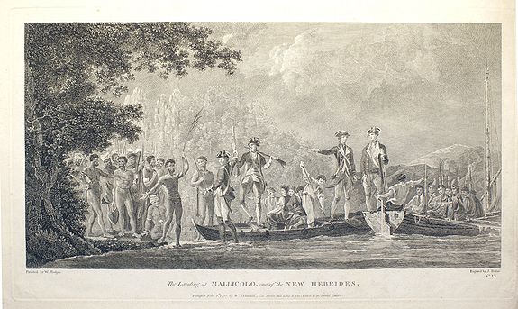 COOK, James, The landing at Mallicolo, one of the New Hebrides., antique map, old maps