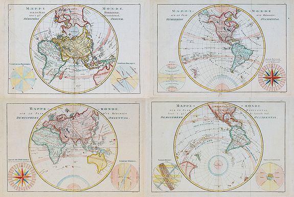 ANDRE, [4 maps] Mappe-Monde sur le plan d'un M�ridien H�misphere Oriental / . . . sur le plan d'un M�ridien H�misph�re Occidental / . . . sur un plan horisontal . . . H�misphere Oriental / . . . sur un plan horisontal . . . H�misphere Occidental., antique map, old maps
