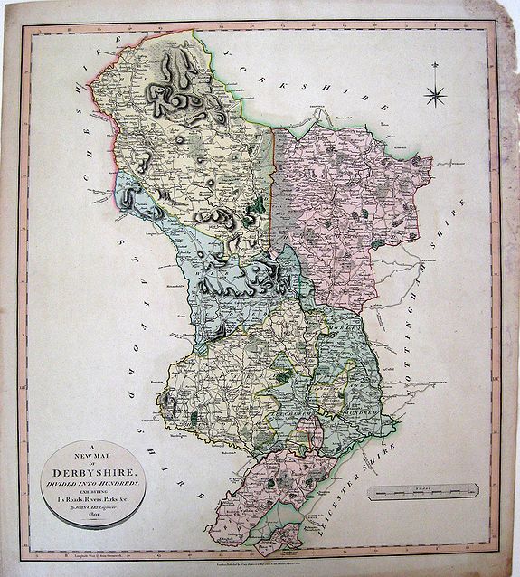 CARY, J., A New Map of Derbyshire, Dividing into Hundreds, Exhibiting its Road, Rivers,Parks and C. Map of Derby, England (Central England), antique map, old maps