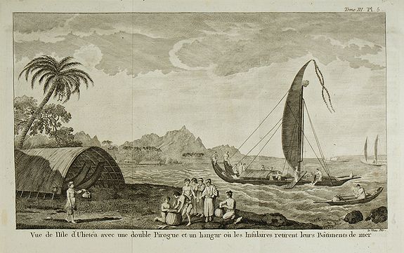COOK, J., Vue de l'Isle d'Ulietéa avec une double Pirogue …, antique map, old maps