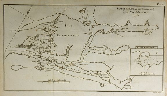 COOK, J., Plan de le Baye Dusky (Obscure) à la Nouv-e. Zélande., antique map, old maps