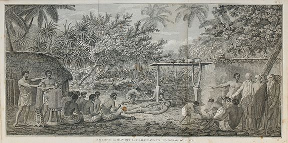 COOK, J., Sacrifice humain qui eut lieu dans un des morais d'O-taiti., antique map, old maps