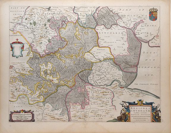 BLAEU, J, Regiones Inundata Infinibus comitatus Norfolcia, Suffolcia, Cantabrigia, Huntingtonia, Northhamtonia, et Lincolnia, antique map, old maps